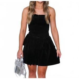 NEW BABY PINK velvet smocking ruffle hem mini dress in black